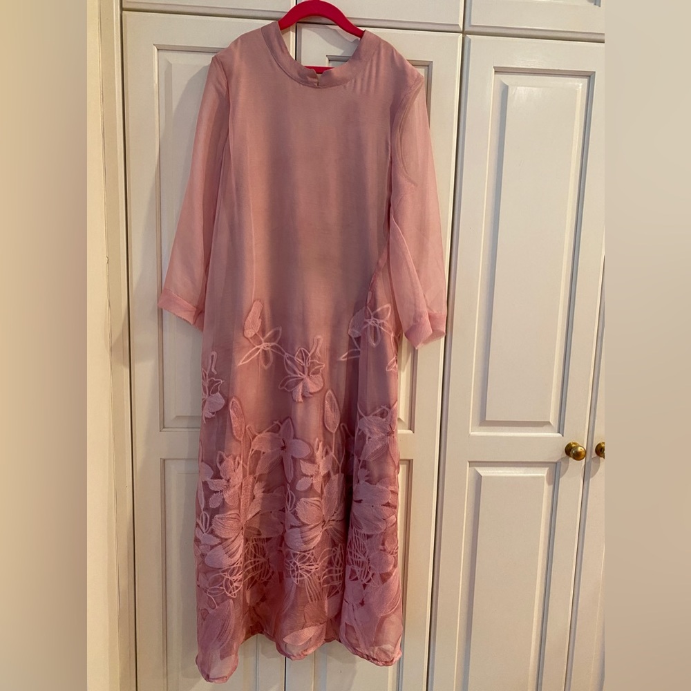 pink sheer midi dress with floral embroidery details Women's XS Lined new